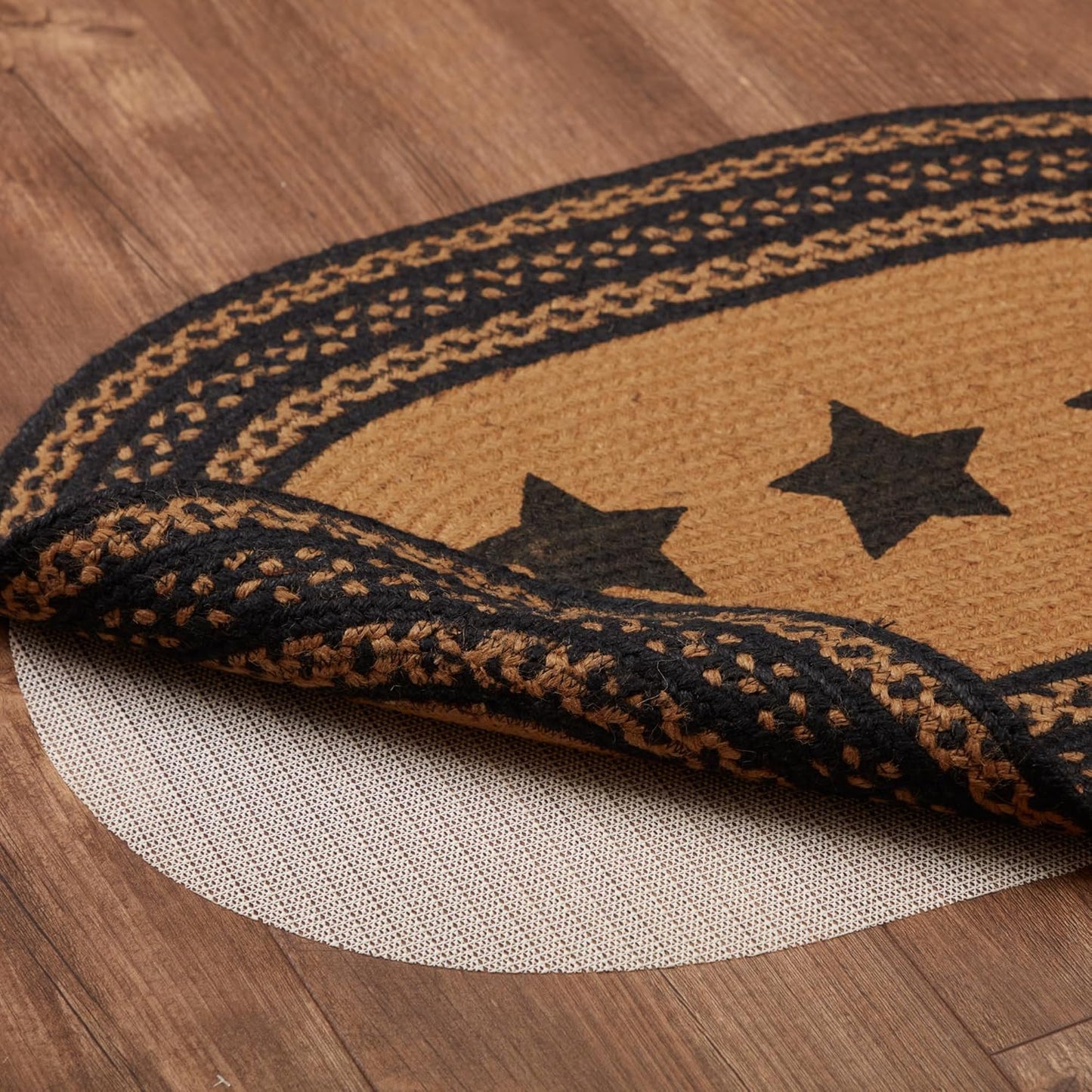 Farmhouse Primitive Star Black Stenciled Accent Jute Rug Oval Stencil Stars W/Pad 20"X30"